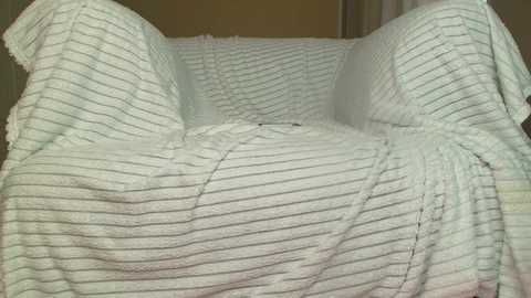 Media: A video of a white, wicker armchair covered in a thick, white, striped blanket. The chair is centered, with the blanket's texture visible, creating a cozy, rustic ambiance.