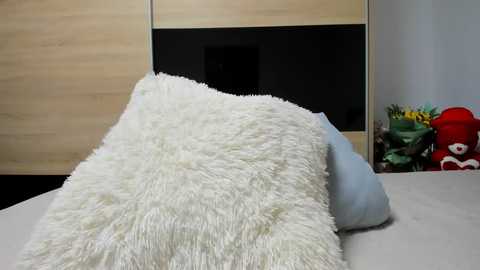 Video of a plush, white, fluffy pillow on a light grey bed, with a wooden headboard and a small stuffed toy bear on the right side.