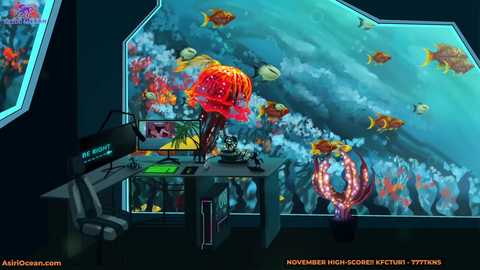 Video of a futuristic underwater office with a massive tank displaying vibrant sea life, including jellyfish, colorful fish, and coral. A desk with computer screens and a chair is positioned near the tank, enhancing the marine theme.