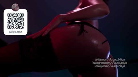 A dark, CGI-rendered image of a woman in black lingerie, leaning seductively against a dimly lit wall. Her toned, curvaceous buttocks are prominently displayed. The background features a QR code and text, promoting social media profiles.