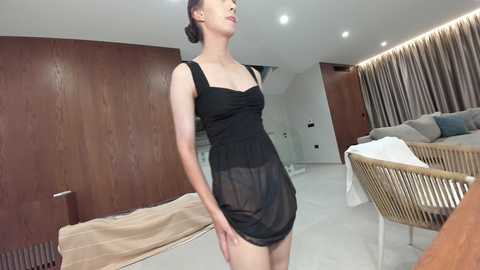 Video of an Asian woman with fair skin and dark hair, wearing a sheer black dress, standing in a modern, minimalist living room with wooden paneling and white walls.