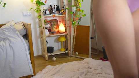 Media: A video of a cozy bedroom with a wooden bed, a lamp, a plant stand, and a person in a white bra and panties, partially visible in the foreground.