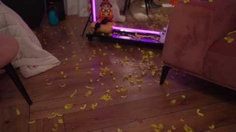 Video of a messy living room with confetti on the wooden floor, a plush pink armchair, a black stool, and a plush toy in the background.