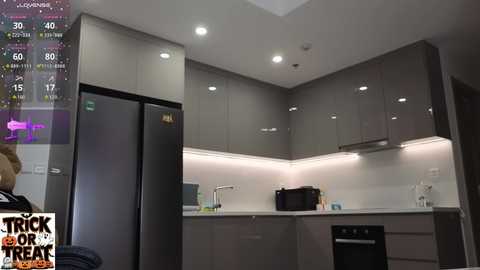 Video of a sleek, modern kitchen with grey cabinets, a black refrigerator, stainless steel appliances, and a white backsplash. The setting includes a \"Trick or Treat\" overlay with a clock showing 15:15.