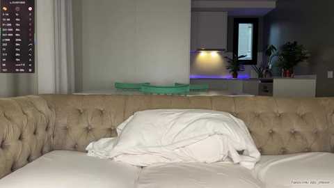 Video of a modern, minimalist bedroom with a beige tufted headboard, white pillows, and a white bedspread. A small potted plant sits on a white table in the background.