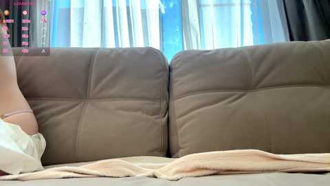 Video of a beige couch with a white throw blanket, featuring a woman's legs in a pink dress. Background includes a TV screen with text and a window with sheer white curtains.