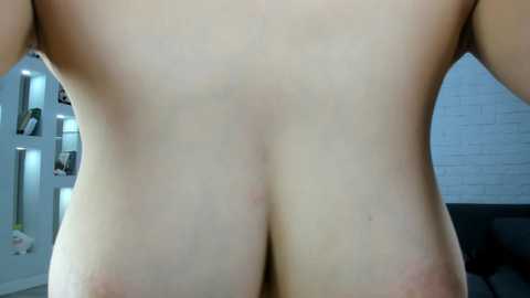 Video of a nude person's back, light skin tone, smooth texture, slight curvature, with a white brick wall and bookshelf in the background.