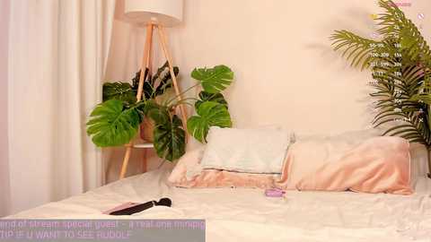 A video of a serene bedroom with a white bed, a green potted plant, a white lamp, and a light pink pillow. A small white box and a black mascara wand are on the bed.