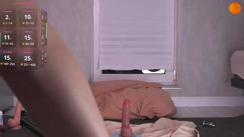 A video of a bedroom with a pink dildo on a bed, a white window with blinds, and a digital display showing \"15\" and \"10\" in the top left corner.