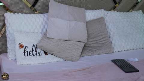 Media: Video of a beige cushion with a white pillowcase featuring \"hello\" in black script and a basketball logo, placed on a light pink bedspread, with a TV remote on the right.