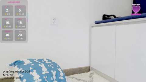Video of a minimalist, white-walled bedroom with a blue and white patterned pillow, a white furry rug, a white cabinet, and a colorful calendar on the wall.