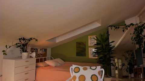 Media: A video of a cozy attic bedroom with a sloped ceiling, featuring a bed with orange bedding, a white dresser, green accent wall, potted plants, and decorative pillows.