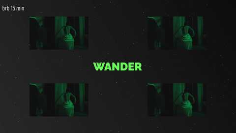 A video of a dark, grainy, green-lit scene featuring a person in a hooded robe, possibly male, standing in front of a wooden structure, surrounded by eerie green light. Text reads \"WANDER\" in bold, green letters.