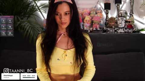 Video of a woman with long black hair, wearing a yellow crop top, standing in a room filled with stuffed toys and a TV.