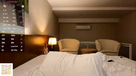 Video of a dimly-lit hotel room featuring a king-sized bed with white sheets, two cream armchairs, a bedside table with a lamp, and an air conditioning unit on the wall.