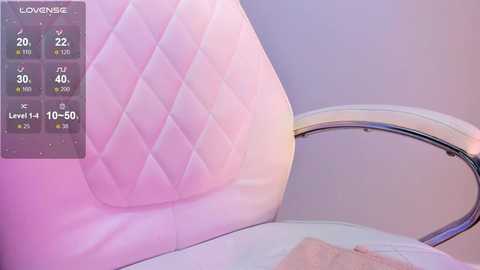 Media: Video of a pink quilted headrest and chair armrest with a digital display showing level 10/10 and 40/40 health, indicating a game or virtual reality setting.