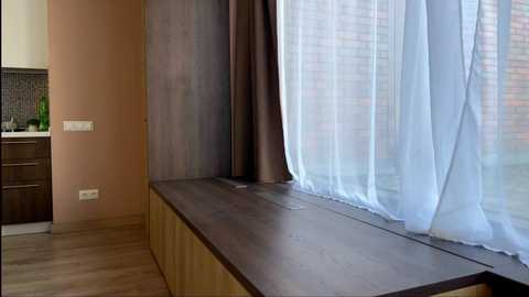 Media: Video of a modern, minimalist kitchen with light wood cabinets, beige walls, and large windows covered by sheer white curtains.