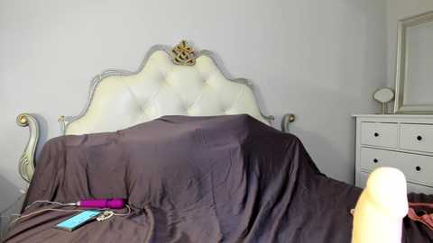 Video of a plush, tufted white headboard draped in dark brown bedding. A small crown decorates the headboard. A pink vibrator and blue lube lie on the bed, suggesting a sensual setting. A white dresser with a mirror and a round lamp is visible in the background.