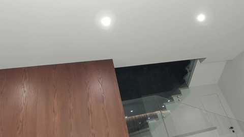 Video of a modern, minimalist room with a wooden ceiling panel and recessed lighting, showcasing a sleek, white interior design with glass partitions.