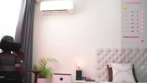 Media: Video of a modern, minimalist bedroom with a tufted headboard, white walls, air conditioner, desk chair, potted fern, calendar, and a cozy reading lamp.