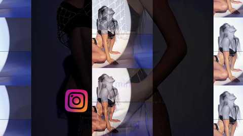 Media: Video collage featuring a tall, slender woman with long hair in a black lace top, showcasing her bare back and thighs. The background includes a shadowy, modern setting with a circular mirror.