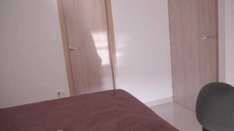Video of a minimalist bedroom with beige wooden doors, a white wall, and a brown bedspread. The room is lit by natural light filtering through a window, casting soft shadows.