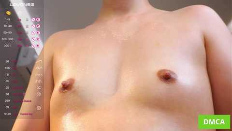 Video of a light-skinned, topless person with small, round breasts and erect nipples, captured from the chest up. The background shows a calendar with dates. The image is from the \"DMCA\" website.