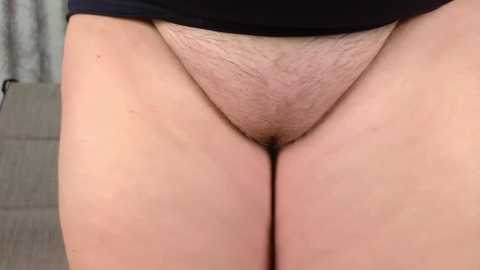 Video of a light-skinned person's crotch area, showing pubic hair and the lower abdomen. The person is wearing black underwear, partially visible at the top. Background features a grey curtain and a beige cushioned surface.