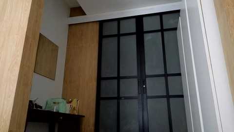 Media: Video of a modern, minimalist bedroom corner with a light wooden door, a frosted glass door, and a small, light green desk with a green box and a black laptop.