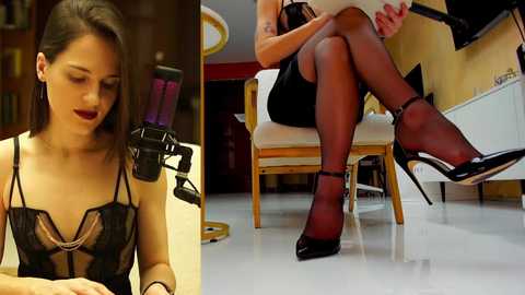 Video: A woman with long dark hair, wearing a black lingerie top, red lipstick, and black sheer stockings, seated at a table, recording herself with a microphone. Another woman in black attire, seated on a chair, reading a book.