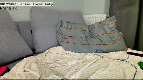 Video of a messy bedroom with a gray couch, a white radiator, a knit blanket, a striped pillow, and a blue cord, all in a dimly lit room.