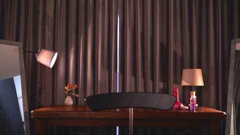 Media: Video of a dimly-lit room with a wooden desk, black chair, and gray curtains. On the desk: lamp, vase, red dildo, and bottle.