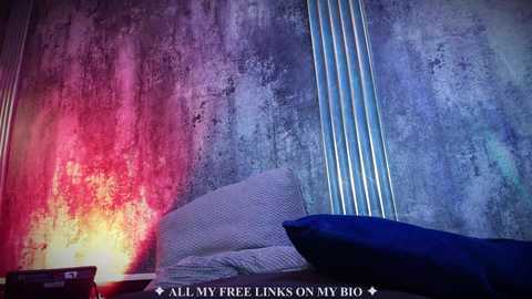 Video of a textured, multi-colored wall with a vibrant red and pink gradient on the left, transitioning to blue on the right. A beige sofa with a textured cushion sits in front, with a dark blue throw pillow. A \"ALL MY FREE LINKS ON MY BIO\" watermark is visible at the bottom.
