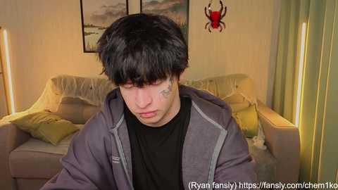 Video of a young man with black hair, wearing a gray jacket over a black shirt, sitting on a couch in a cozy living room with beige walls, spider decoration, and framed art.