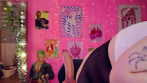Media: Video of a vibrant, pink-themed room with a green-haired man in a leather jacket, tattoos, and a large erect penis.