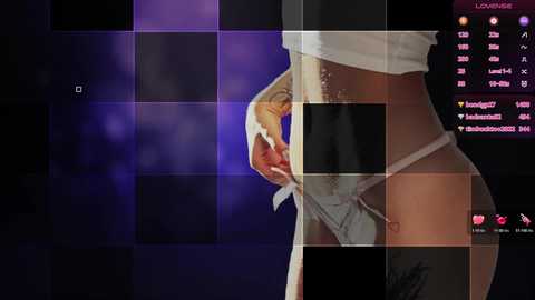 Video of a close-up side view of a woman's torso in a white crop top and white panties, with a blurred purple background, and a chat window displaying user names and messages.