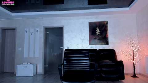 Video of a minimalist, modern living room with black leather couches, abstract art on the wall, and a white bookshelf.