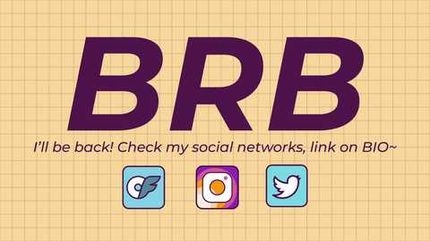 Digital graphic with large, bold purple letters \"BBR\" on a beige grid background. Below, three social media icons: Twitter, Facebook, and Instagram. Text: \"I'll be back! Check my social networks, link on BBO-\