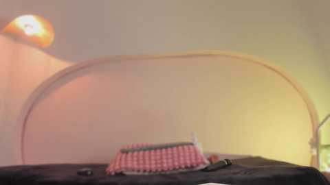 Video of a neatly made bed with a pink checkered pillow and a white pillow, set against a cream-colored wall. A small lamp casts a warm glow in the background.