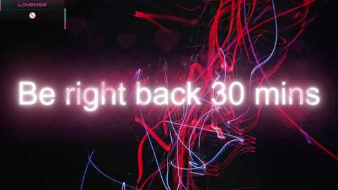 Media: A digital image with a dark background featuring colorful, abstract, light trails in red, blue, and white, overlaid with the text \"Be right back 30 mins\" in white.