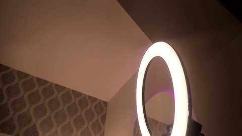Video of a modern bathroom with a round, bright light fixture mounted on a beige wall, reflecting a soft pink hue. The wallpaper features a geometric pattern in muted colors.