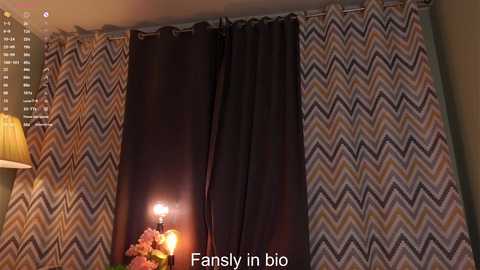 Video of a cozy room with a window featuring contrasting black and zigzag-patterned curtains. A table lamp with a yellow shade and a vase of pink flowers on a side table add warmth. Text at the bottom reads \"Fancy in bio.\