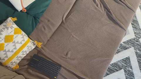 Media: Video of a beige quilt with a black keyboard and a yellow pillow with geometric patterns on a patterned rug.