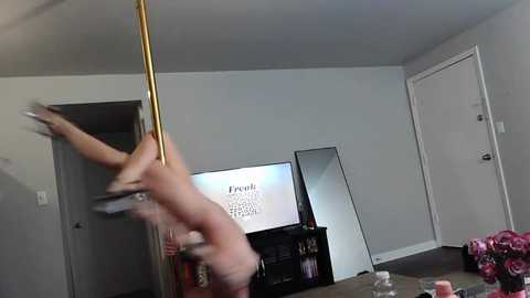 Media: Video of a person pole dancing in a living room, wearing a pink top, with a flat-screen TV on the wall, and a door visible in the background.