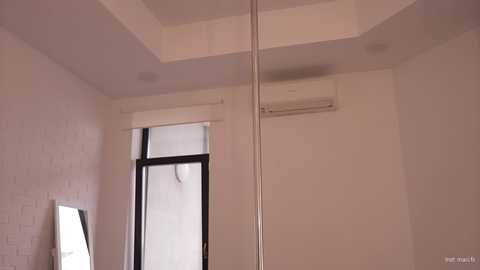 Video of a minimalist, sparsely furnished room with white walls, a large mirror, and a vertical pole, likely a support for a ceiling fan. The room features a single window with white blinds and an air conditioning unit above it.