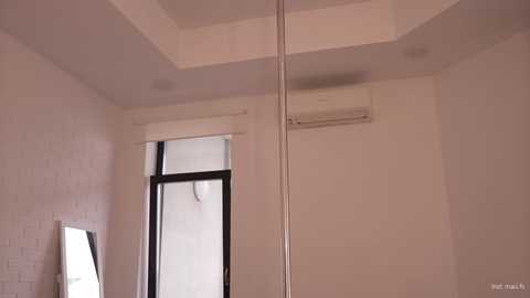 Video of a minimalist, modern bedroom with white walls, a large black-framed window, an air conditioner mounted above it, and a tall, slender pole in the center.
