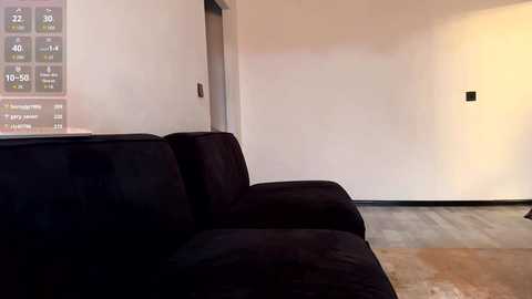 Video of a minimalist, modern living room featuring a dark brown sofa against a white wall. The room has a large, light-colored rug and a digital thermostat on the wall.