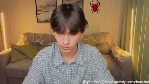 Video of a young boy with dark hair, wearing a gray checkered shirt, sitting on a couch with a spider decoration on the wall, soft lighting, and a green pillow.