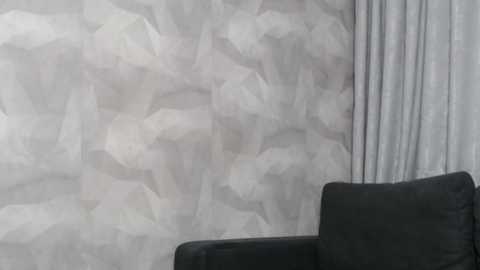 Video of a modern living room with a textured, abstract-patterned wallpaper in shades of gray and white. A black leather couch with plush cushions is positioned in the foreground, partially visible.