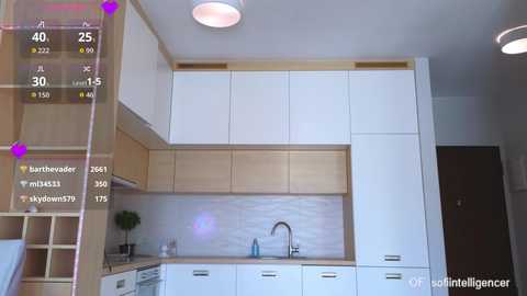 Video of a modern, minimalist kitchen with white cabinets, light wood countertops, and a sleek, stainless steel sink. A digital overlay shows social media metrics, indicating popularity and engagement.